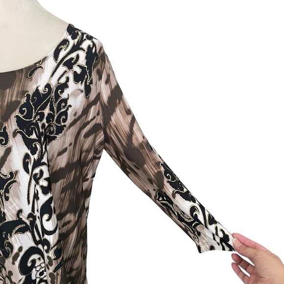 Chico’s Travelers Artsy Gold Swirls Brown Asymmetrical Tunic Top Women Sz L (2) - Picture 5 of 8